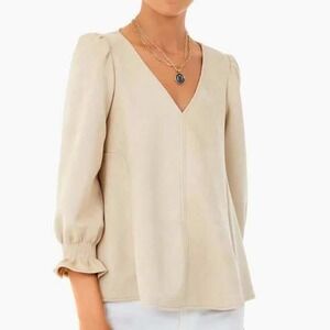 Tuckernuck Blouse Women Medium Beige Faux Suede V-Neck Smocked Ruffle Cuff Top*